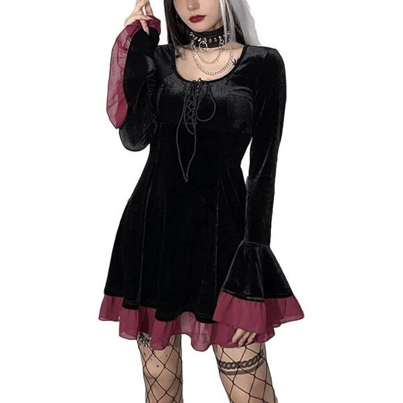 🖤 Goth Lace-Up Retro Black Velvet Long Flare Sleeve Steampunk Dress SIZE M NEW - Picture 6 of 15